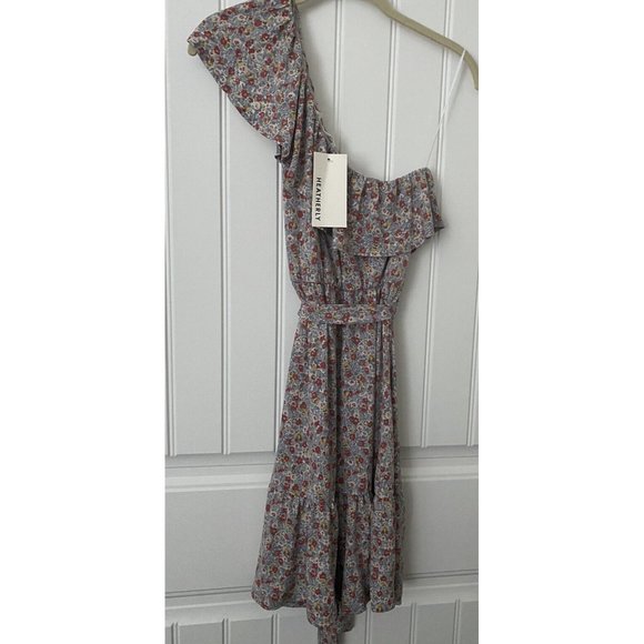 NEW NWT Heatherly Womens One Shoulder Dress‎ Size Small Floral Tie Waist Ruffle - Picture 1 of 4